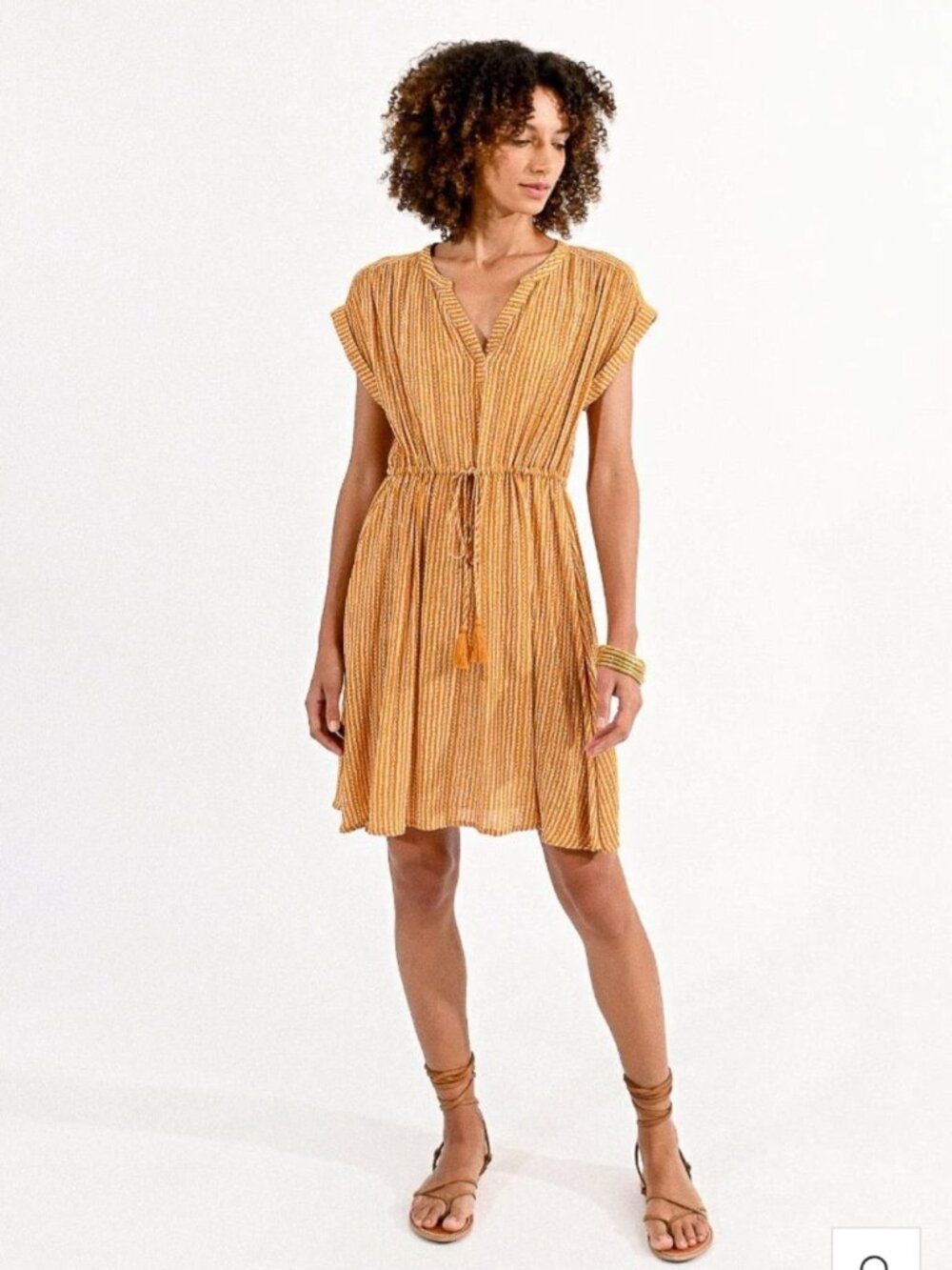 Molly Bracken Mustard Yellow and White Tassel Drawstring Boho Mini Dress